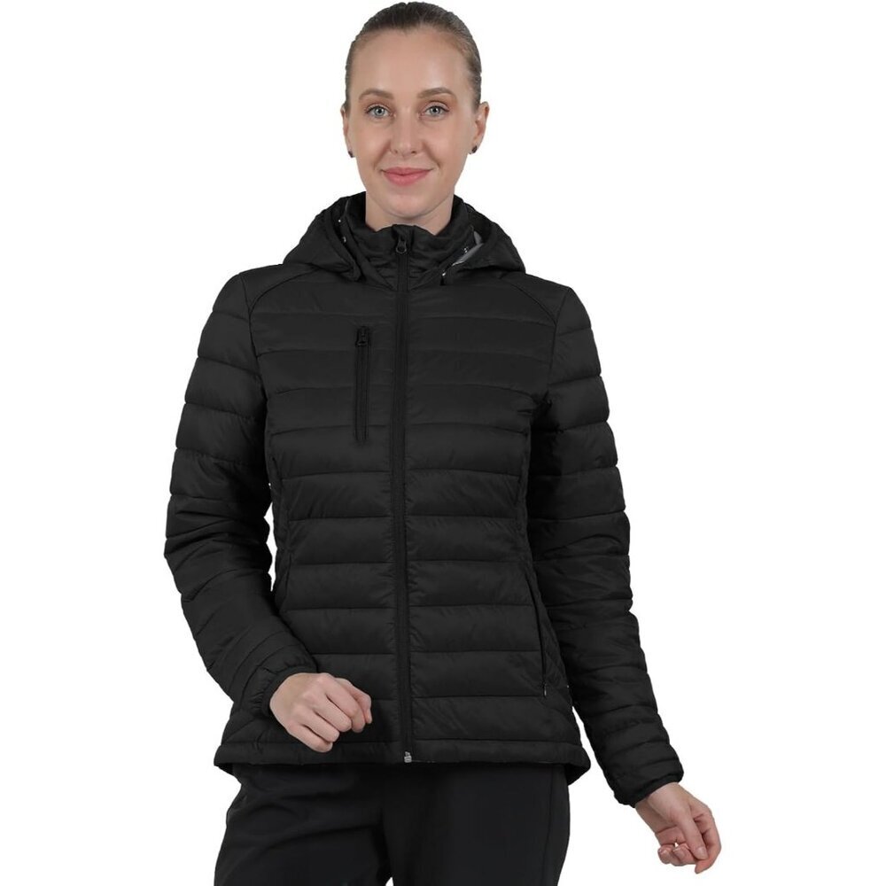 Women's Black Puffer Jacket Lightweight Coat With Hooded Water Pack-able